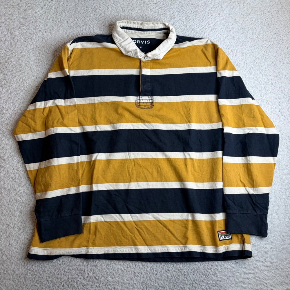Orvis Mens XL Rugby Shirt Long Sleeve Striped Mustard Navy Blue Cotton Polo
